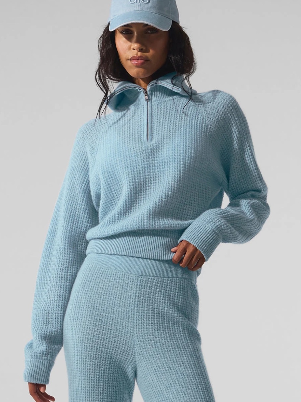 ALO Cashmere Plush Waffle 1/4 Zip Pullover Celestial Blue Heather Size XS